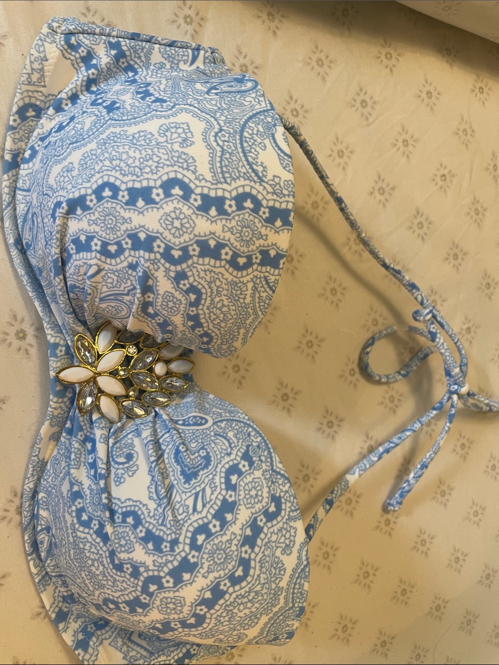 Victoria's Secret Blue and White Paisley Push-Up Bra with Jewel Accent